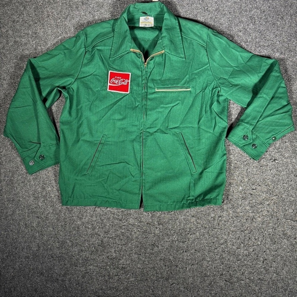 Vintage Riverside Flexbac Coca Cola Work Jacket Green Mens Large USA Made Zip Up